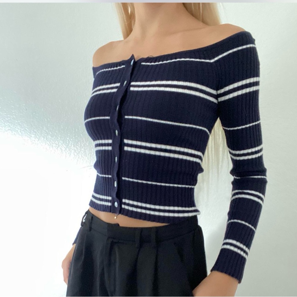 PacSun Lottie Moss off shoulder navy blue ripped striped button cardigan sweater